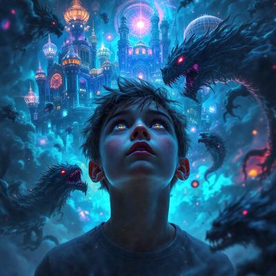 The primary subject of the image is a young boy with blue eyes, looking up at the sky. The setting is a fantasy world with a castle in the background, and the visual style is a digital art illustration. The colors in the image are predominantly blue, creating a calm and serene atmosphere.